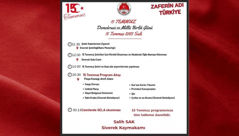 Siverek’te 15 Temmuz Demokrasi ve Millî Birlik Günü Etkinlikleri Düzenlenecek